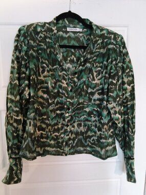 Green Abstract Blouse XS – Shimmer Lightweight Button-Up, Elegant Flowy Top